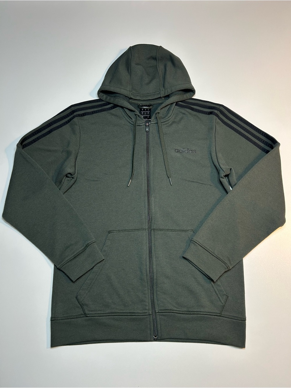 adidas Essentials 3 Stripes Fleece Full Zip Hoodie Olive Strata Black